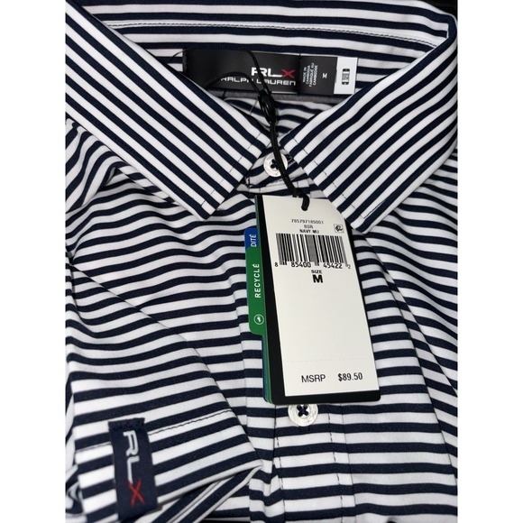 New RLX Ralph‎ Lauren Mens Polo Performance Golf Short Sleeve Navy Blue Striped - Picture 1 of 8